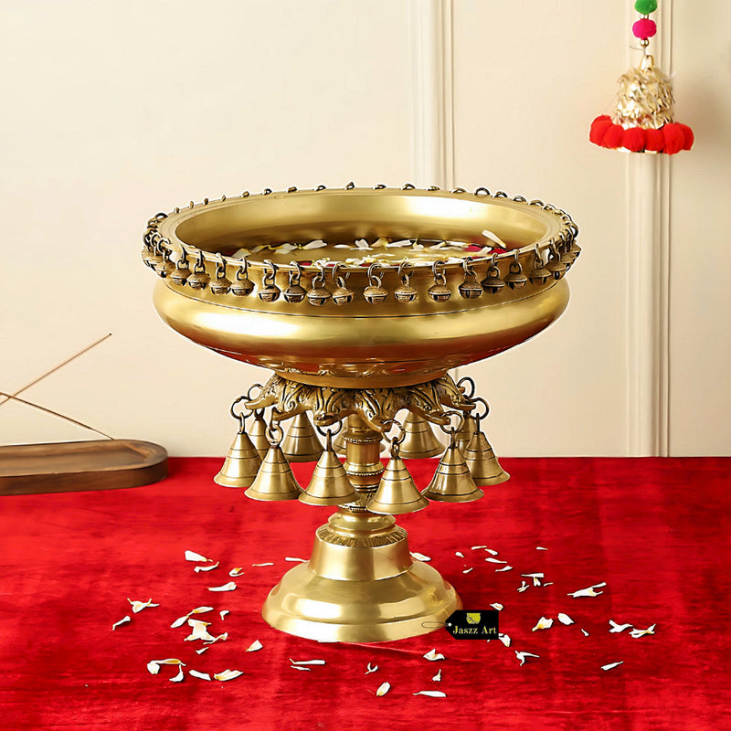 Brass Urli - beautifully crafted brass decorative bowl, golden finish, traditional Indian Urli, versatile home accent, ideal for floating flower petals or candles, adds a touch of elegance and tranquility to any space, perfect for creating a serene ambiance and enhancing interior decor, a timeless piece of art for both indoor and outdoor settings.