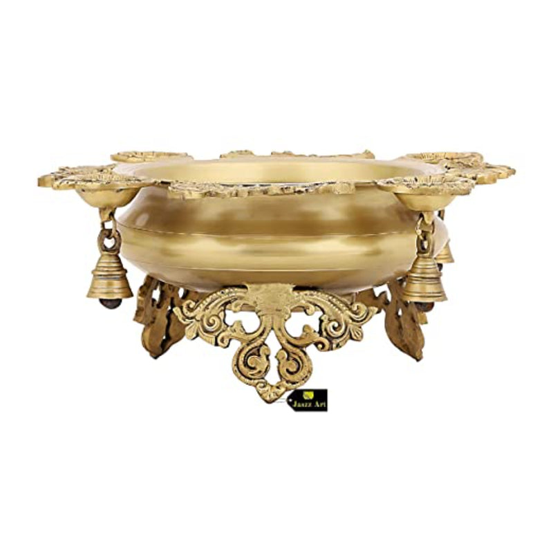 Brass 4 Diya Urli - beautifully crafted brass decorative bowl with four diya (oil lamp) holders, golden finish, traditional Indian Urli, versatile home accent, ideal for lighting multiple diya simultaneously, adds a touch of warmth and radiance to any space, perfect for creating a festive ambiance and enhancing interior decor, a charming centerpiece for religious ceremonies and celebratory occasions.