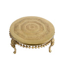 Brass Chowki - intricately carved brass platform, golden finish, perfect for placing deities or sacred objects during religious ceremonies and rituals, enhances the sanctity and beauty of the worship space, symbolizes stability and divine presence, adds a touch of elegance to your home puja setup, a valuable and ornamental addition to your collection of brass religious artifacts and decor.