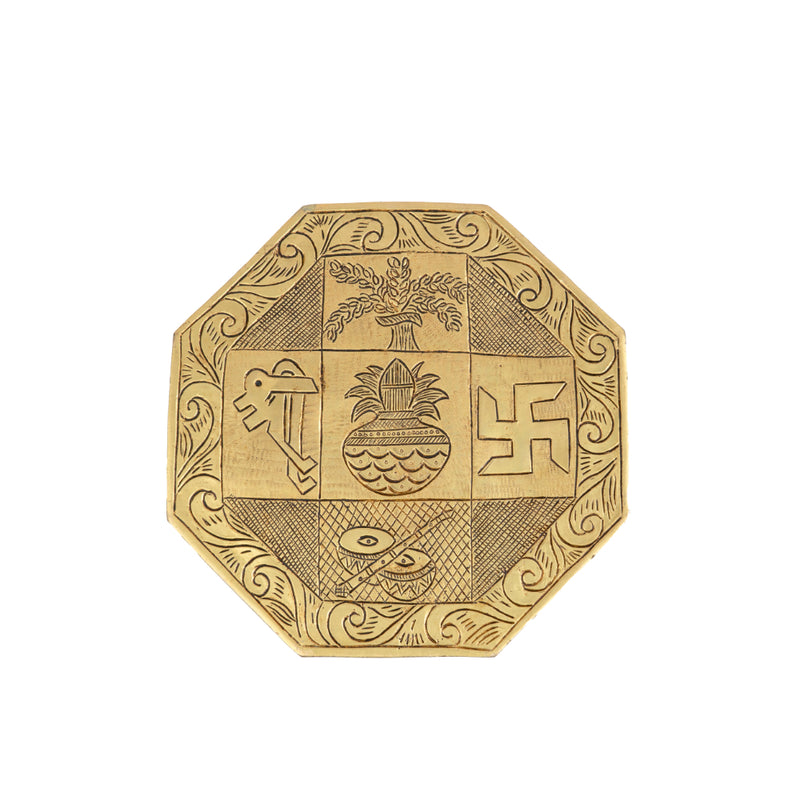 Brass Chowki - intricately carved brass platform, golden finish, perfect for placing deities or sacred objects during religious ceremonies and rituals, enhances the sanctity and beauty of the worship space, symbolizes stability and divine presence, adds a touch of elegance to your home puja setup, a valuable and ornamental addition to your collection of brass religious artifacts and decor.