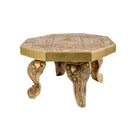Brass Chowki - intricately carved brass platform, golden finish, perfect for placing deities or sacred objects during religious ceremonies and rituals, enhances the sanctity and beauty of the worship space, symbolizes stability and divine presence, adds a touch of elegance to your home puja setup, a valuable and ornamental addition to your collection of brass religious artifacts and decor.