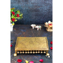 Brass Chowki - intricately carved brass platform, golden finish, perfect for placing deities or sacred objects during religious ceremonies and rituals, enhances the sanctity and beauty of the worship space, symbolizes stability and divine presence, adds a touch of elegance to your home puja setup, a valuable and ornamental addition to your collection of brass religious artifacts and decor.