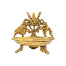 Brass Shank Trishul Chakra Diya - intricately designed brass oil lamp in the shape of a conch shell with trishul (trident) and chakra motifs, golden finish, decorative home accent, symbolizes divine energy and protection, traditional Indian Diya, emits a sacred and luminous glow, perfect for religious rituals and spiritual practices, enhances spiritual ambiance and decor with a touch of auspiciousness.