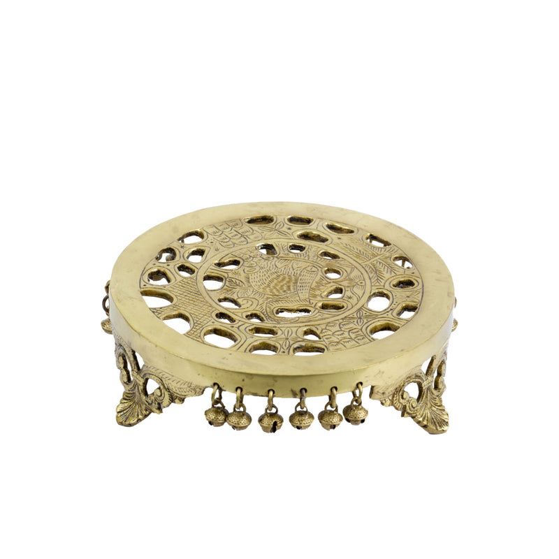 Brass Chowki - intricately carved brass platform, golden finish, perfect for placing deities or sacred objects during religious ceremonies and rituals, enhances the sanctity and beauty of the worship space, symbolizes stability and divine presence, adds a touch of elegance to your home puja setup, a valuable and ornamental addition to your collection of brass religious artifacts and decor.