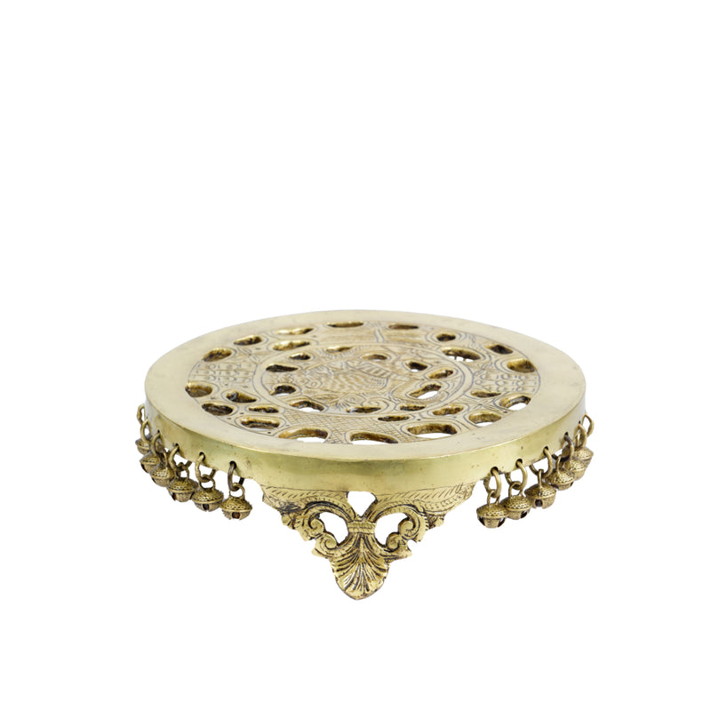 Brass Chowki - intricately carved brass platform, golden finish, perfect for placing deities or sacred objects during religious ceremonies and rituals, enhances the sanctity and beauty of the worship space, symbolizes stability and divine presence, adds a touch of elegance to your home puja setup, a valuable and ornamental addition to your collection of brass religious artifacts and decor.