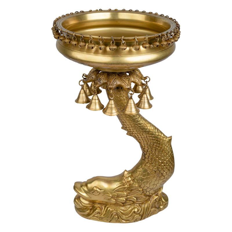 Brass Fish Urli - beautifully crafted brass decorative bowl in the shape of fish, golden finish, traditional Indian Urli, versatile home accent, ideal for floating flower petals or candles, symbolizes abundance and prosperity, adds a touch of aquatic charm and cultural elegance to any space, perfect for creating a tranquil ambiance and enhancing interior decor, a timeless piece of art for both indoor and outdoor settings.