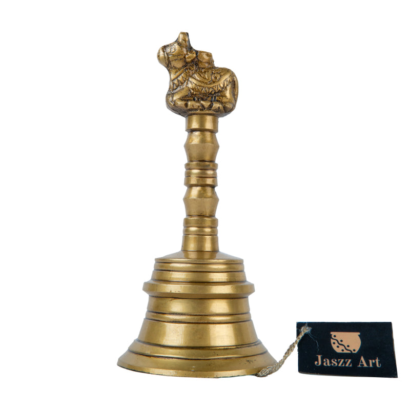 Brass Pooja Bells - meticulously designed brass bells for religious ceremonies, golden finish, decorative home accent, emits a melodious and auspicious sound, perfect for enhancing the sacred atmosphere during pooja (worship), ideal for rituals, prayers, and spiritual practices, symbolizes devotion and divine connection, enhances the ambiance with positive vibrations and spiritual energy, a traditional and essential addition to your collection of brass artifacts for pooja rituals.