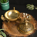 Brass Dhoop Dani - elegantly designed brass incense holder, ideal for burning incense cones or dhoop, golden finish, perfect for home rituals and meditation spaces, enhances the ambiance and fragrance during spiritual practices, symbolizes purification and spiritual elevation, a beautiful and practical addition to your collection of brass incense holders and spiritual accessories.