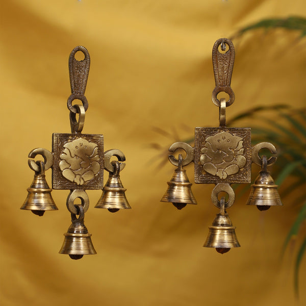 Brass Lakshmi Ganesh Saraswati Bells - exquisitely crafted brass bells featuring the deities Lakshmi, Ganesh, and Saraswati, golden finish, decorative home accent, emits a harmonious and divine sound, perfect for invoking blessings and wisdom, ideal for spiritual practices, rituals, and festive occasions, symbolizes prosperity, success, and knowledge, enhances the ambiance with positive vibrations and divine energy, a sacred and auspicious addition to your collection of brass artifacts.