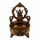 Brass Lakshmi & Ganesh Ji Urli - intricately crafted brass decorative bowl featuring idols of Goddess Lakshmi and Lord Ganesh, golden finish, traditional Indian Urli, versatile home accent, ideal for floating flower petals or candles, symbolizes prosperity and blessings, adds a touch of divinity and cultural richness to any space, perfect for creating an auspicious ambiance and enhancing interior decor, a timeless piece of art for both indoor and outdoor settings.