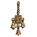 Brass Swastik Bells - beautifully crafted brass bells with Swastik symbol, golden finish, decorative home accent, emits a melodious and auspicious sound, perfect for invoking positive energy and blessings, ideal for spiritual practices, ceremonies, and home decor, symbolizes good luck, prosperity, and spiritual well-being, enhances the ambiance with positive vibrations, a sacred and meaningful addition to your collection of brass artifacts.