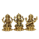 Brass God Lakshmi Ganesh Saraswati Ji - intricately crafted brass statue featuring Lord Lakshmi, Lord Ganesha, and Goddess Saraswati, golden finish, divine and auspicious deities, perfect for home decor and spiritual spaces, ideal for invoking blessings, prosperity, wisdom, and creativity, symbolizes wealth, intellect, and divine grace, enhances the spiritual energy and fosters a sense of divine presence, a sacred and harmonious addition to your collection of brass sculptures and figurines.