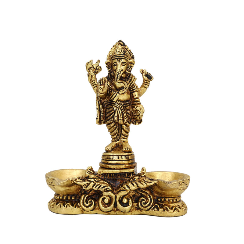  Ethnic Curved Twin pair Ganesh ji Oil Wick Lamp big Diya antique brass decor Diwali Dipawali Festival gift gifts God gold golden home item items love luck pooja puja room Vastu wealth