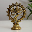 Brass God Nataraja - exquisitely crafted brass statue of Lord Nataraja, golden finish, divine and celestial form of Lord Shiva as the cosmic dancer, perfect for home decor and spiritual spaces, ideal for invoking artistic expression and spiritual transformation, symbolizes cosmic energy, rhythm, and the union of creation and destruction, enhances the spiritual energy and fosters a sense of divine presence, a sacred and enchanting addition to your collection of brass sculptures and figurines."
