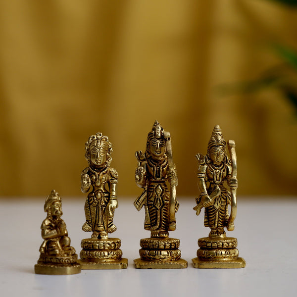 Brass God Ram Darbar - exquisitely crafted brass statue showcasing Lord Ram, Goddess Sita, Lord Lakshmana, and Lord Hanuman, golden finish, divine and revered deities, perfect for home decor and spiritual spaces, ideal for invoking blessings, strength, and righteousness, symbolizes ideal kingship, devotion, and valor, enhances the spiritual energy and fosters a sense of divine presence, a sacred and revered addition to your collection of brass sculptures and figurines."