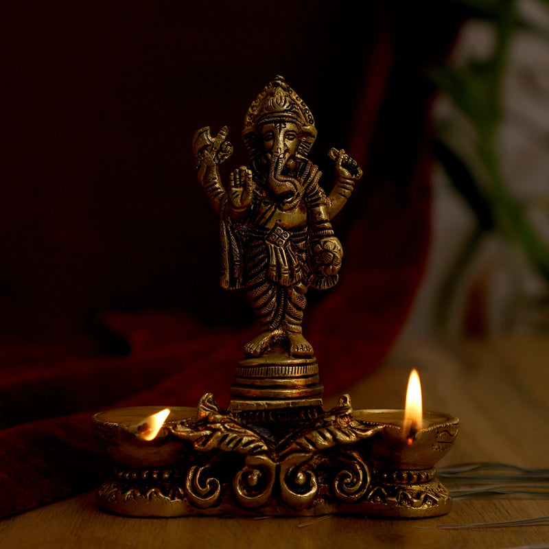  Ethnic Curved Twin pair Ganesh ji Oil Wick Lamp big Diya antique brass decor Diwali Dipawali Festival gift gifts God gold golden home item items love luck pooja puja room Vastu wealth