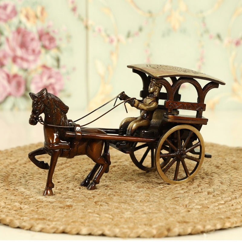 Brass horse cart product - meticulously designed brass sculpture, vintage-inspired horse-drawn cart, intricate details, golden finish, decorative home accent, evokes a sense of nostalgia and charm, adds elegance to any decor, ideal gift for enthusiasts of classic craftsmanship.